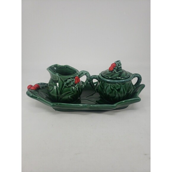 Lefton Other - Lefton Holly Berry Green Creamer Sugar Bowl Lid Tray 6036 VTG 1970/71 Christmas